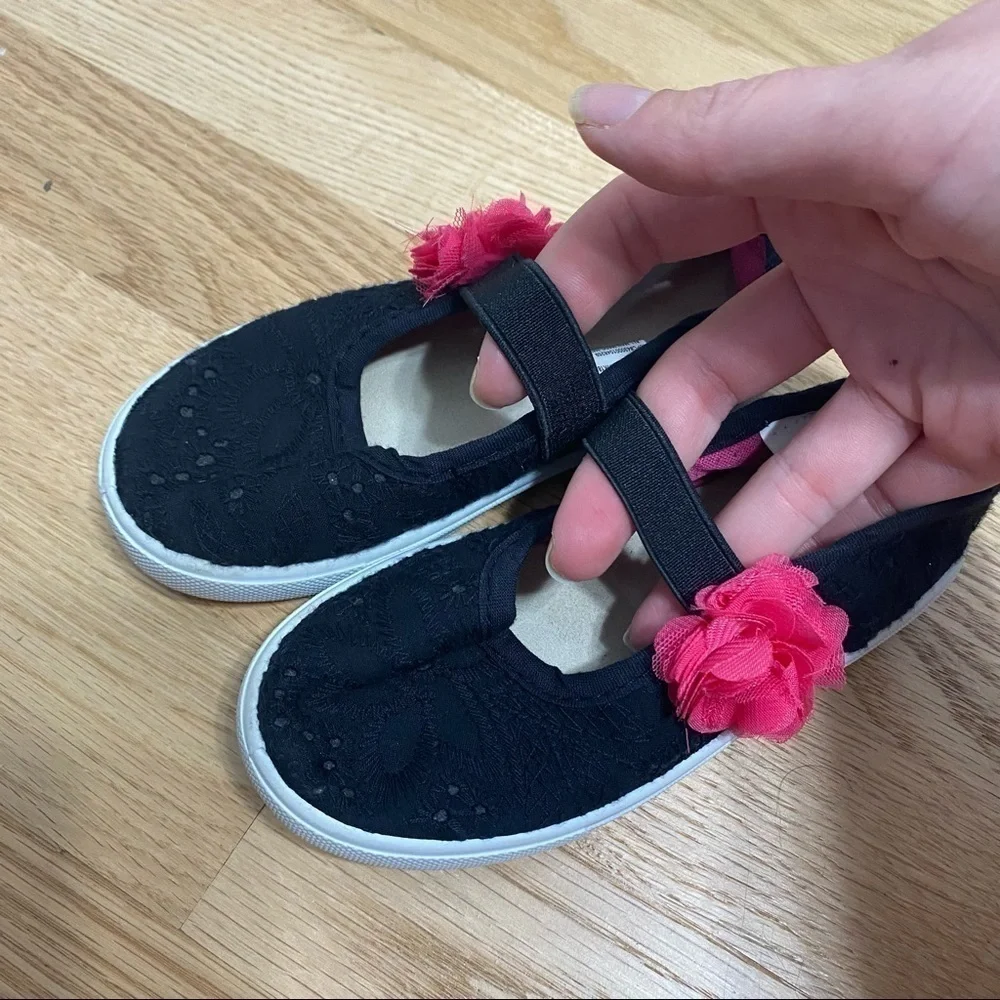 Black Mary Jane Sneakers W/ Pink Flower Sz 8 Toddler Shoe